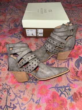 Society Gray Studded Cutout Block Heel Ankle Boots